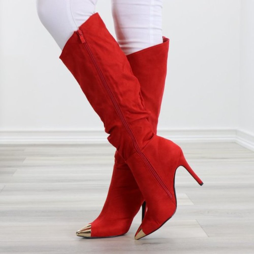 Fancy Pointy Toe Below The Knee Red Boots Suede - Picture 6 of 14